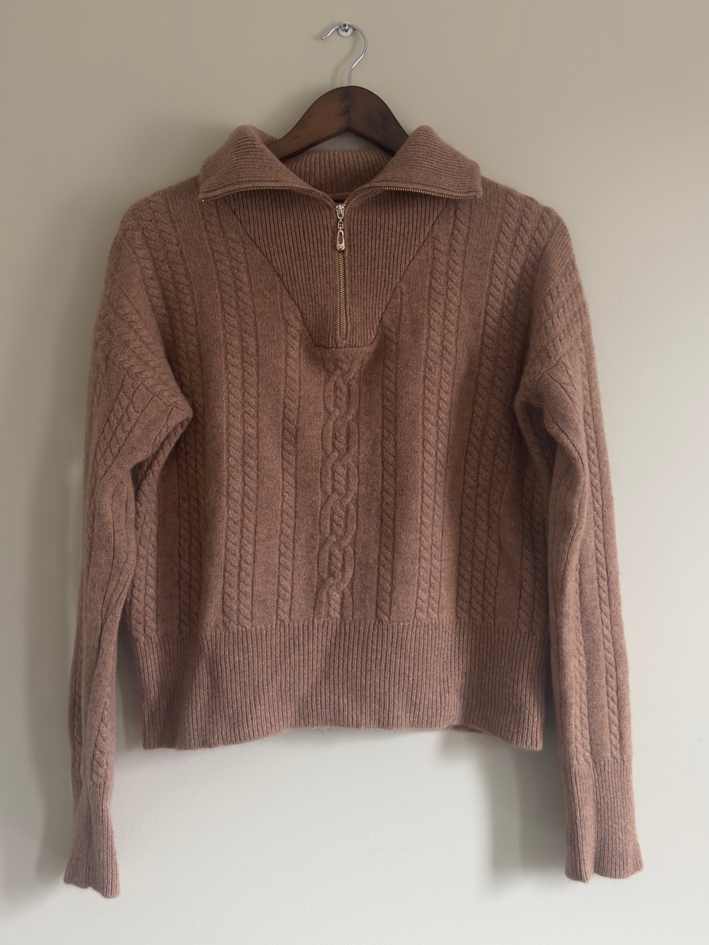 Joie 100% Cashmere Cable Turtleneck Half-Zip in Camel
